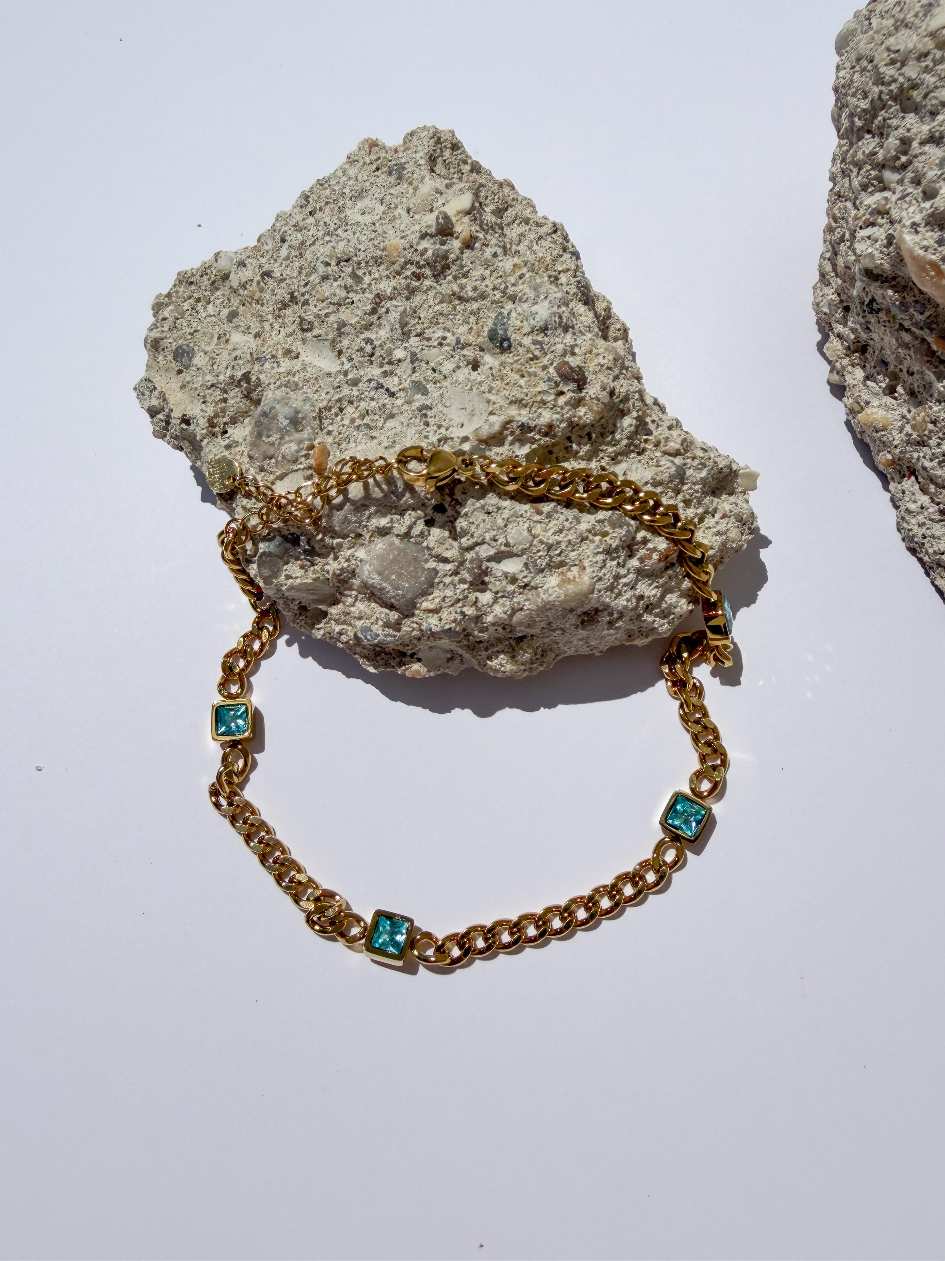 Pulseira para Pé Zircónias Turquesa em Aço Inoxidável