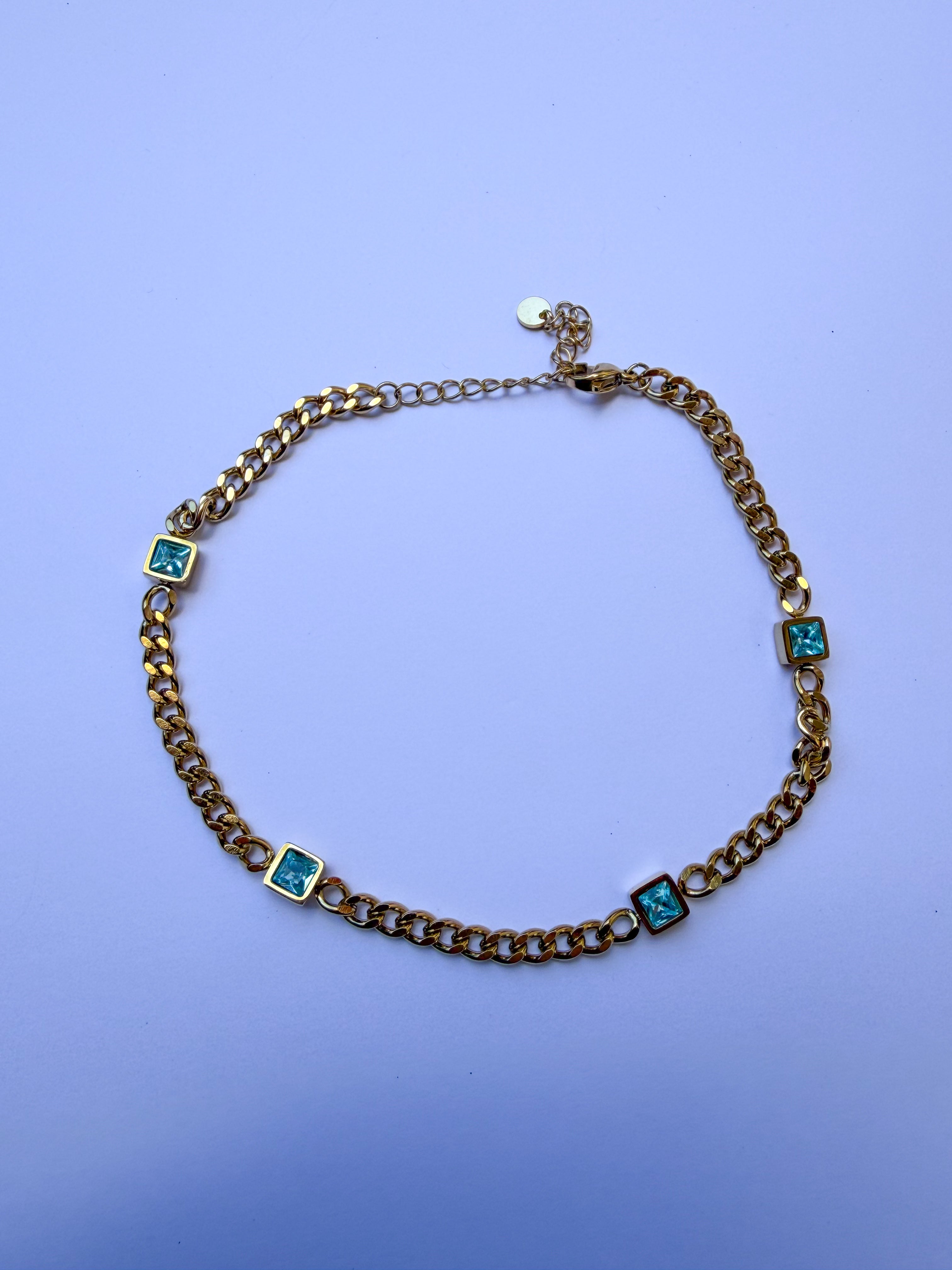 Pulseira para Pé Zircónias Turquesa em Aço Inoxidável
