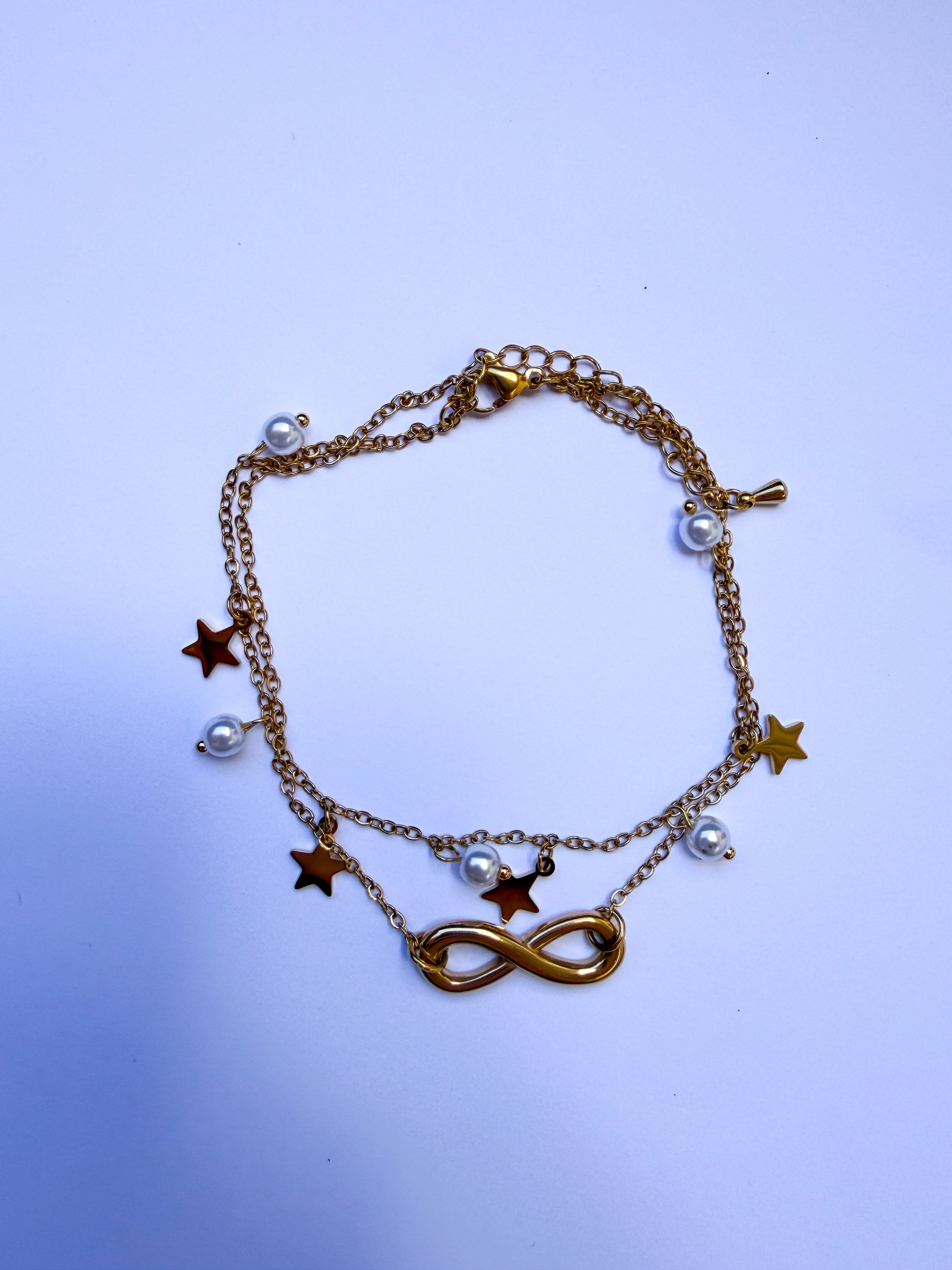 Pulseira para Pé Infinito & Estrelas - Aço Inox Dourado
