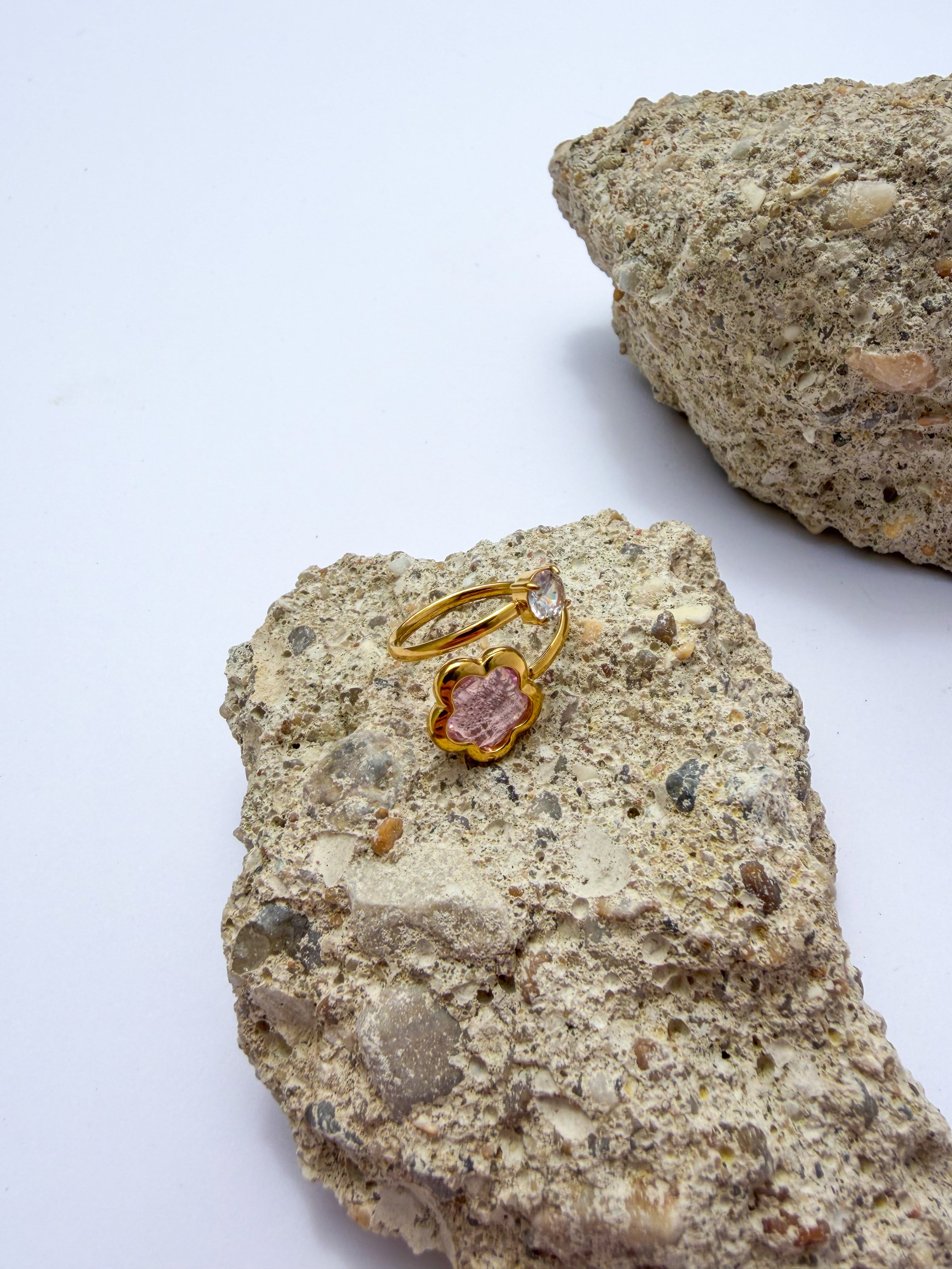 Anel Flor Rosa e Zircónia em Aço Inoxidável