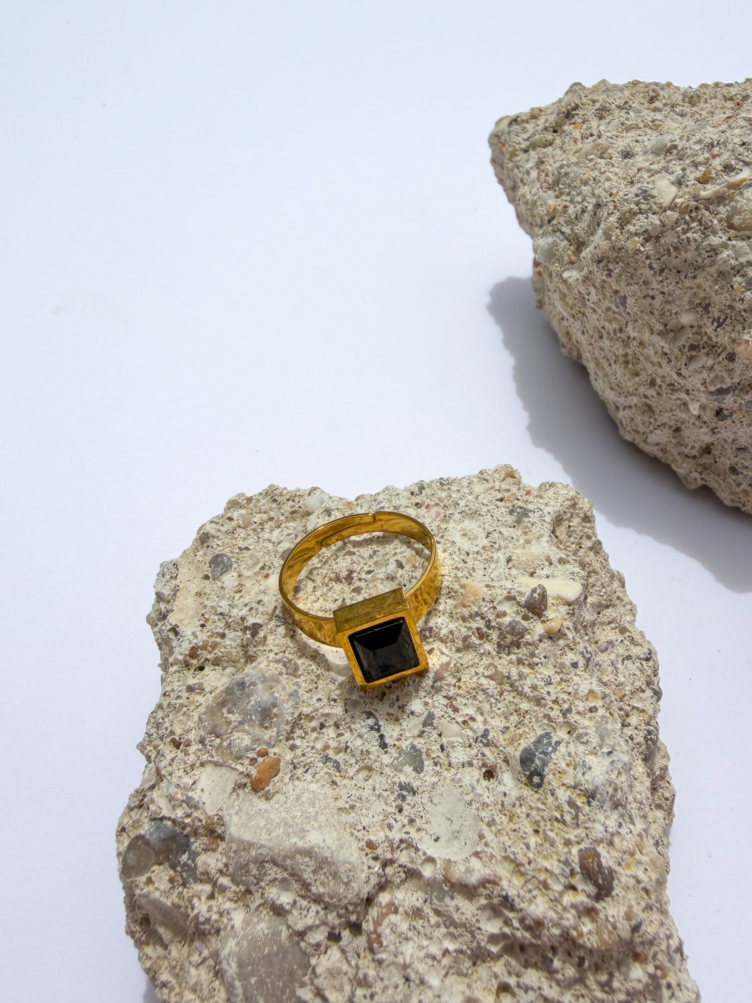 Anel Signet Pedra Preta em Aço Inoxidável