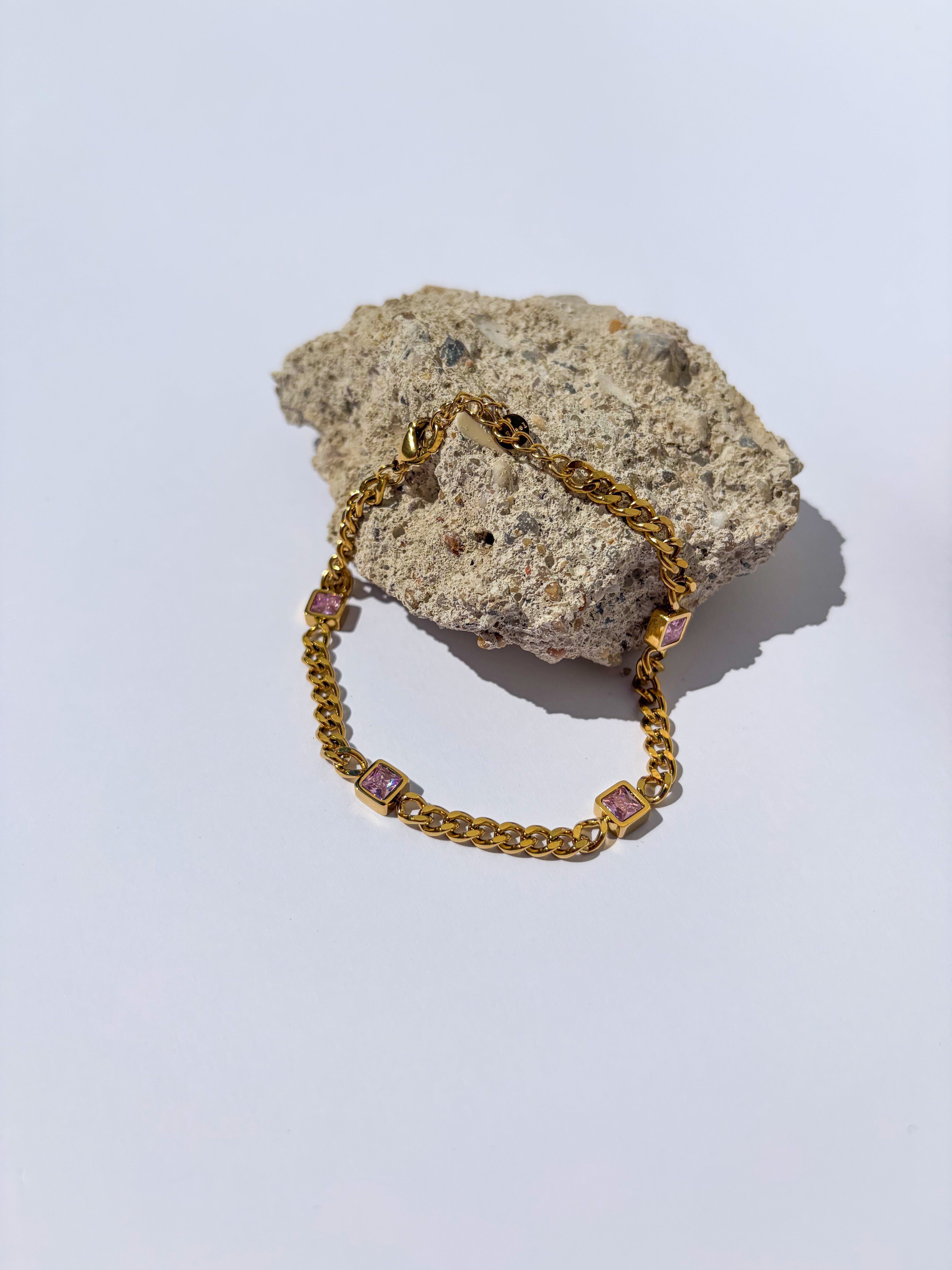 Pulseira Corrente Cubana Rosa em Aço Inoxidável