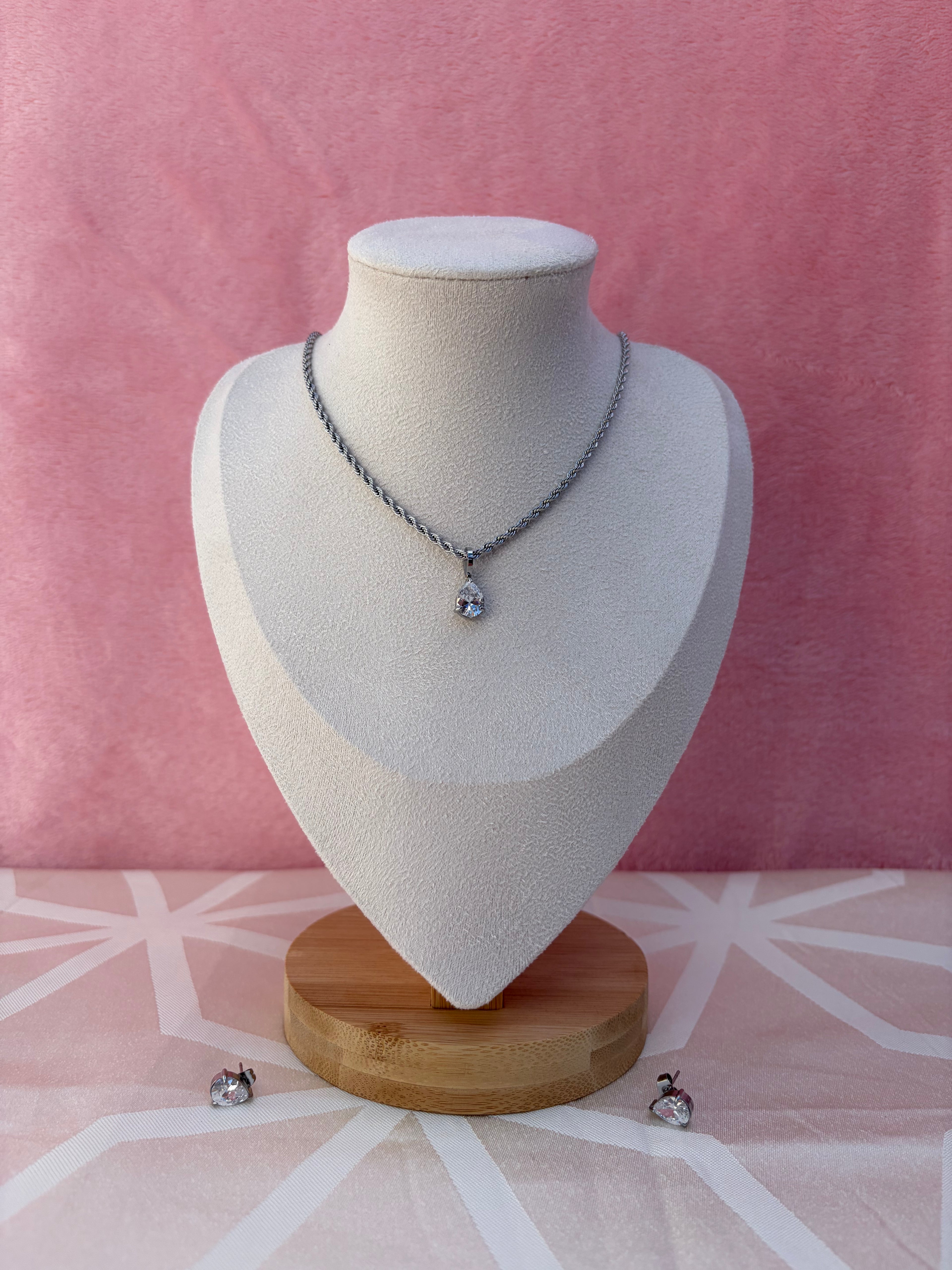 Conjunto Colar & Brincos Gota Cristal em Aço Inoxidável